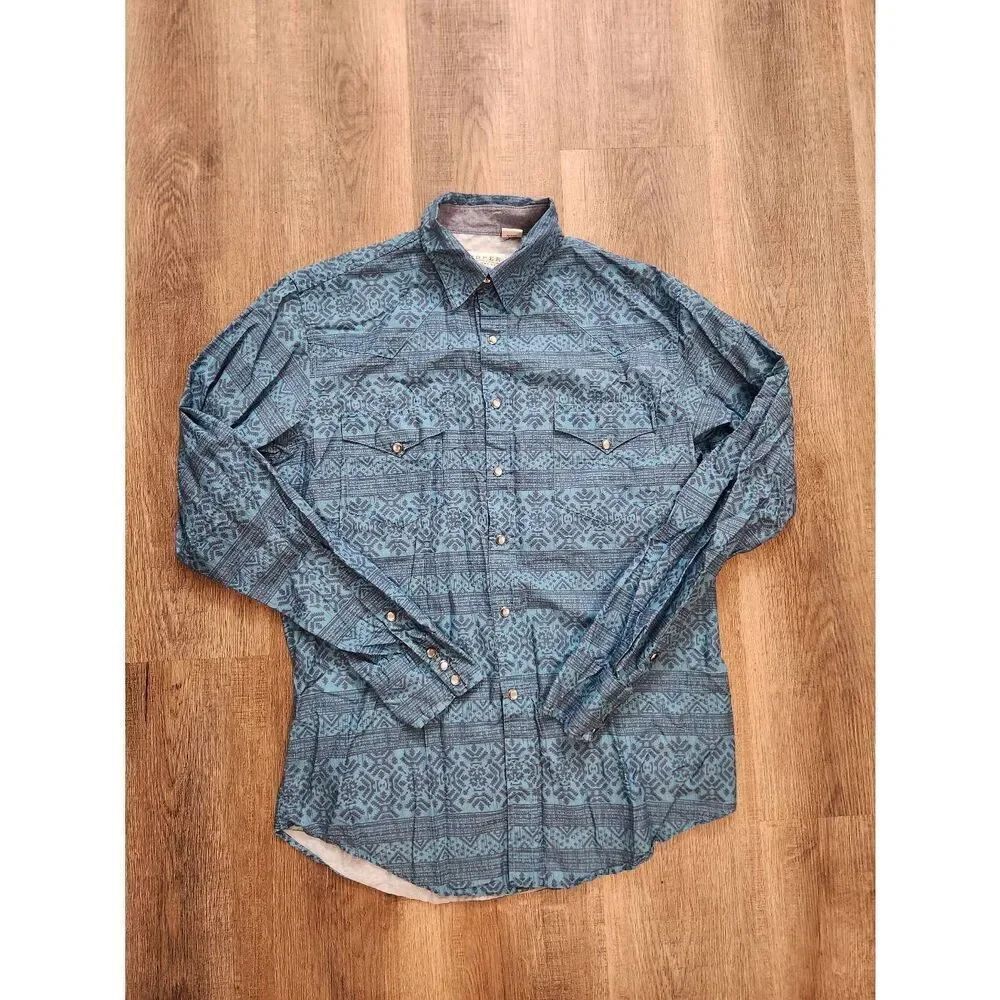 Roper Pearl Snap Southwest design Turquoise  chest pockets Men's Medium cotton